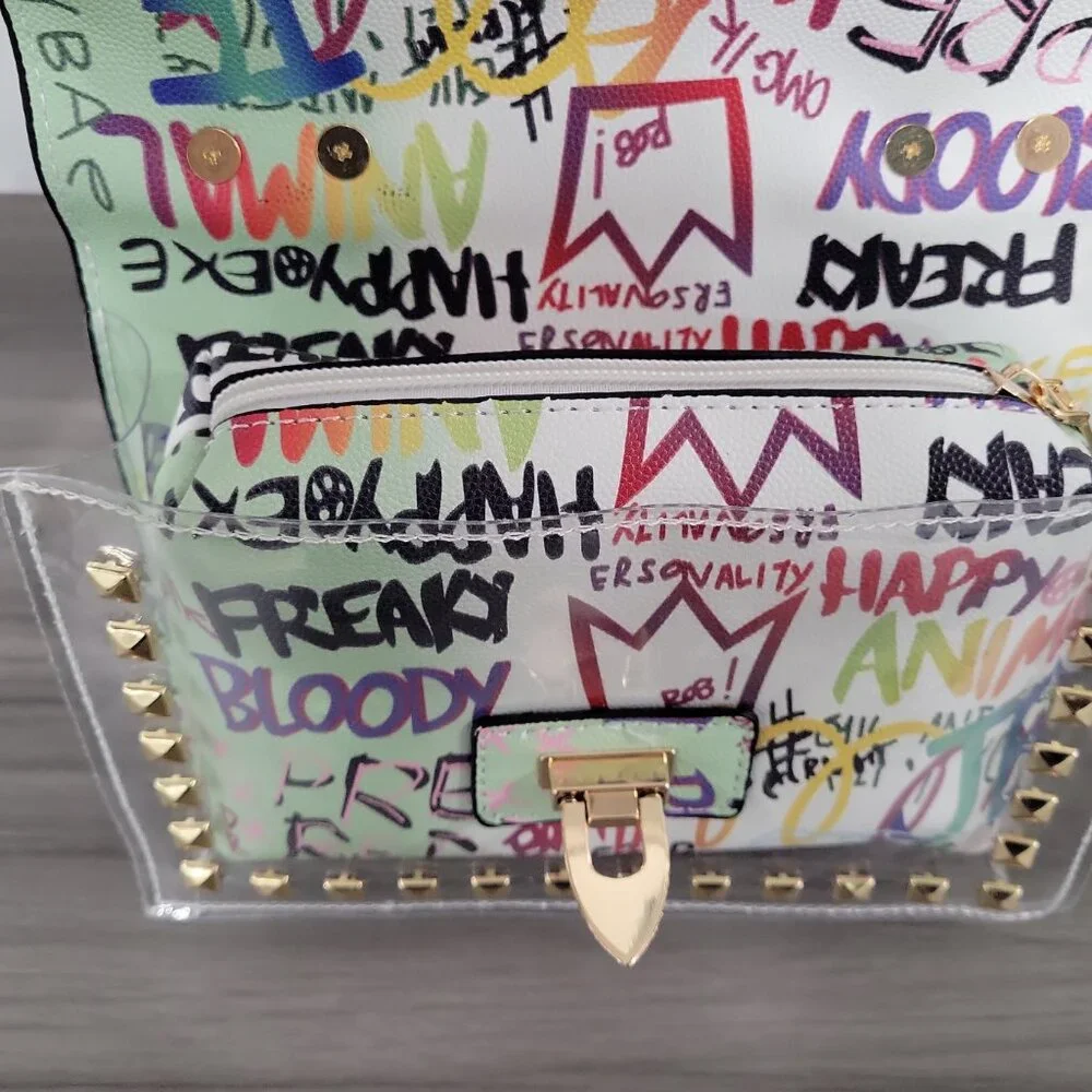 🎁 Graffiti Print Clear 2pc Crossbody Clutch w/ Studs & Removable Zippered Pouch - Picture 10 of 13